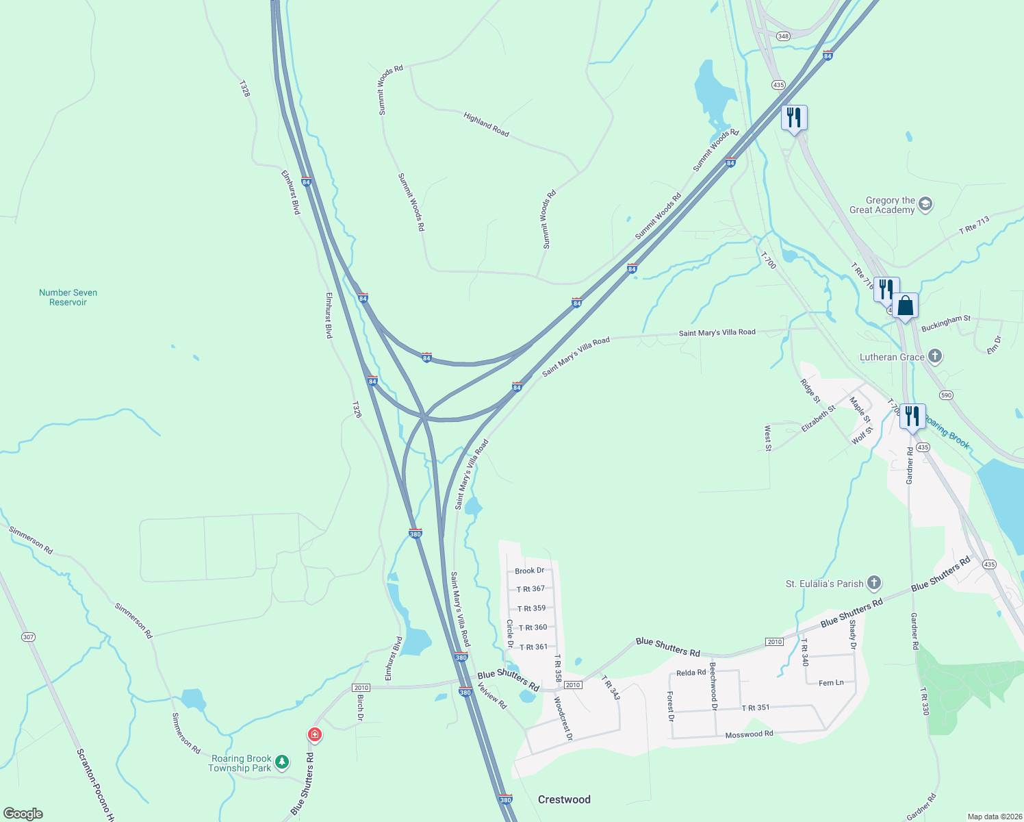 map of restaurants, bars, coffee shops, grocery stores, and more near Saint Mary's Villa Road in Lackawanna County