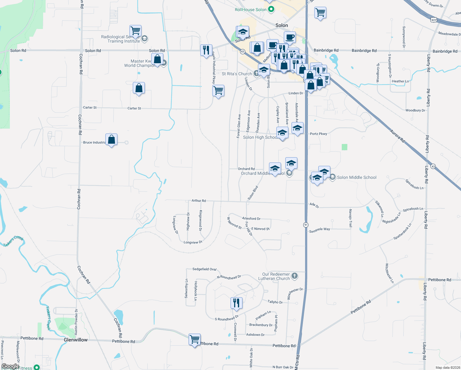 map of restaurants, bars, coffee shops, grocery stores, and more near 6839 Glenallen Avenue in Solon