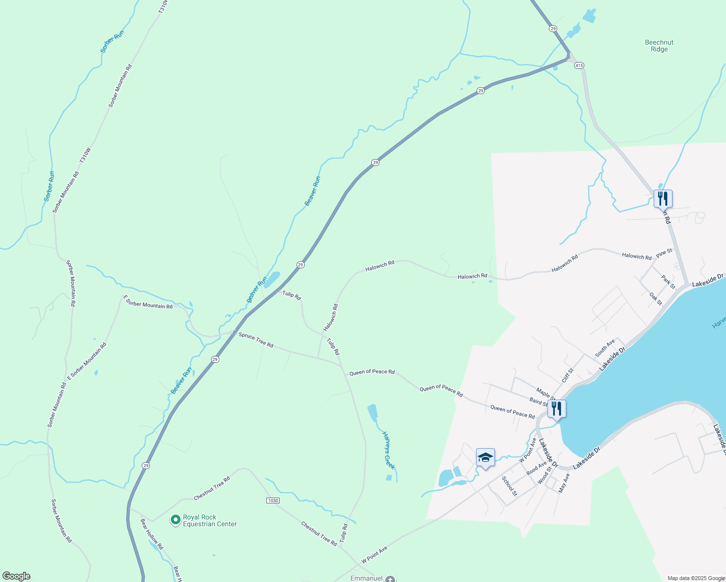 map of restaurants, bars, coffee shops, grocery stores, and more near 2-86 Halowich Road in Harveys Lake