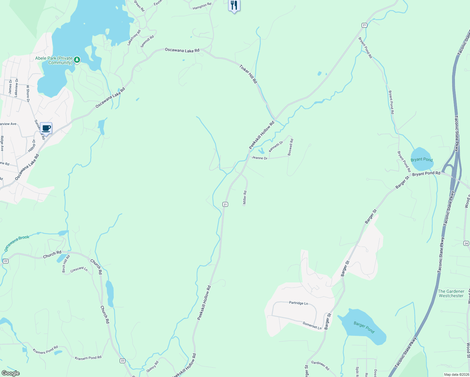 map of restaurants, bars, coffee shops, grocery stores, and more near 7 Miller Road in Putnam Valley