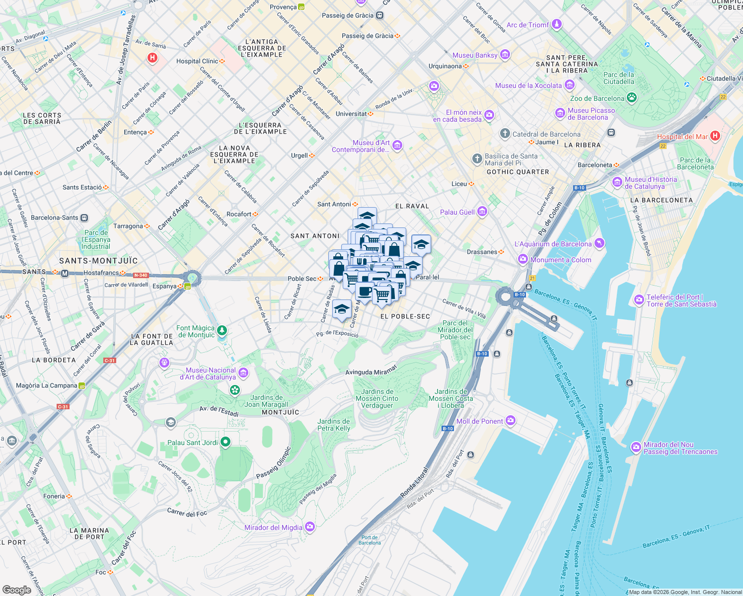map of restaurants, bars, coffee shops, grocery stores, and more near 23 Carrer de Tapioles in Barcelona