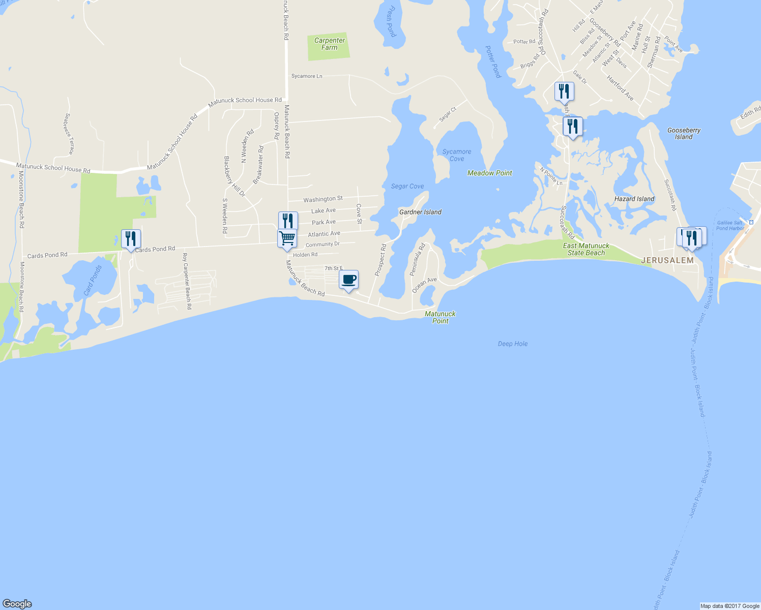 map of restaurants, bars, coffee shops, grocery stores, and more near 990 Matunuck Beach Road in South Kingstown