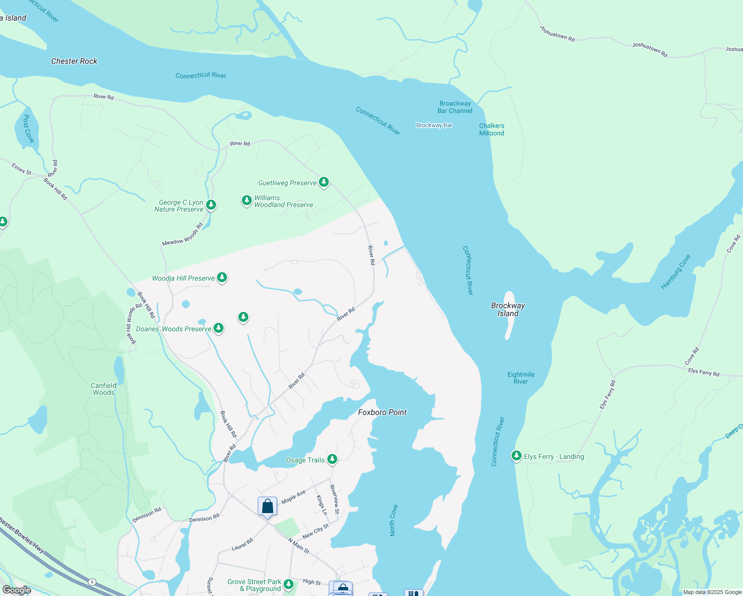 map of restaurants, bars, coffee shops, grocery stores, and more near 116 River Road in Essex