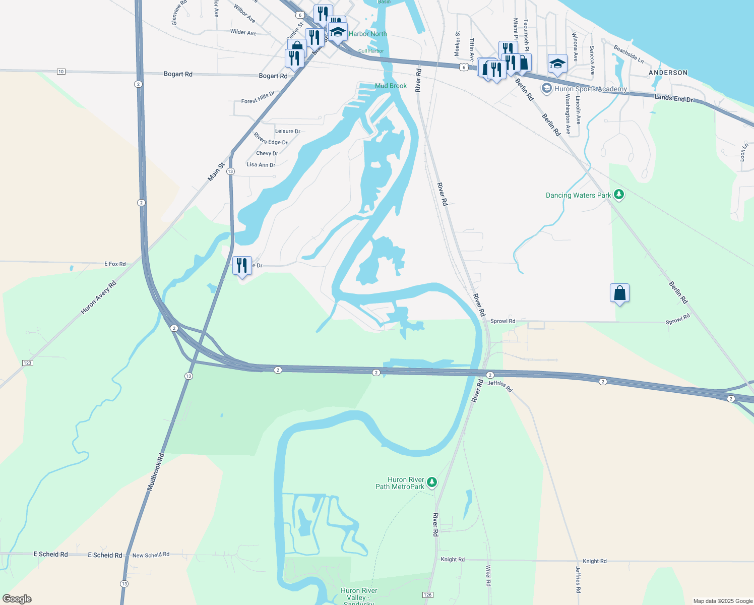 map of restaurants, bars, coffee shops, grocery stores, and more near 111 Geauga Drive in Huron