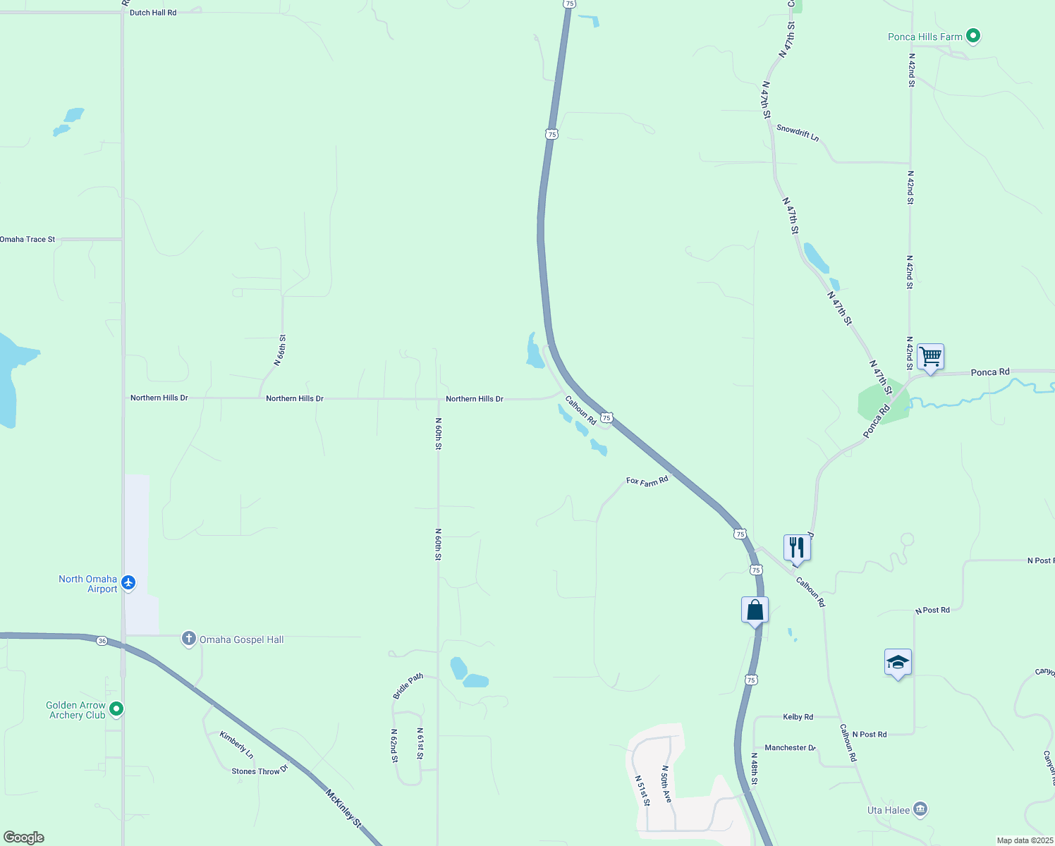 map of restaurants, bars, coffee shops, grocery stores, and more near 5605 Northern Hills Drive in Omaha