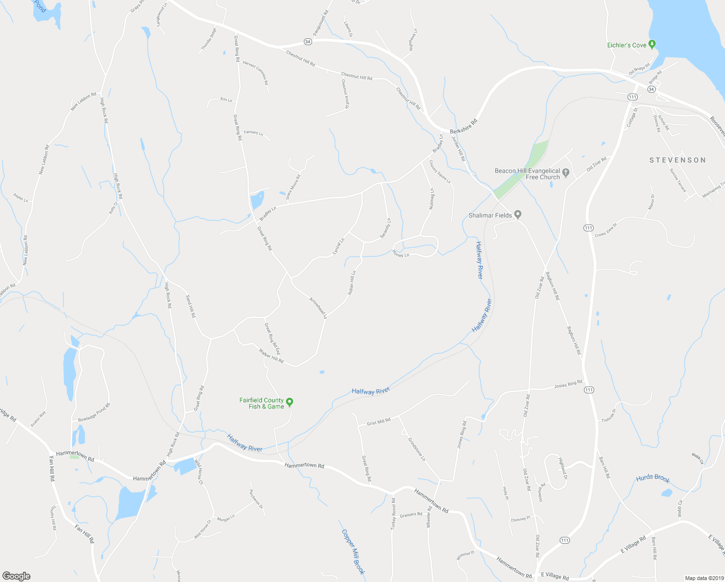 map of restaurants, bars, coffee shops, grocery stores, and more near 15 Indian Hill Lane in Newtown