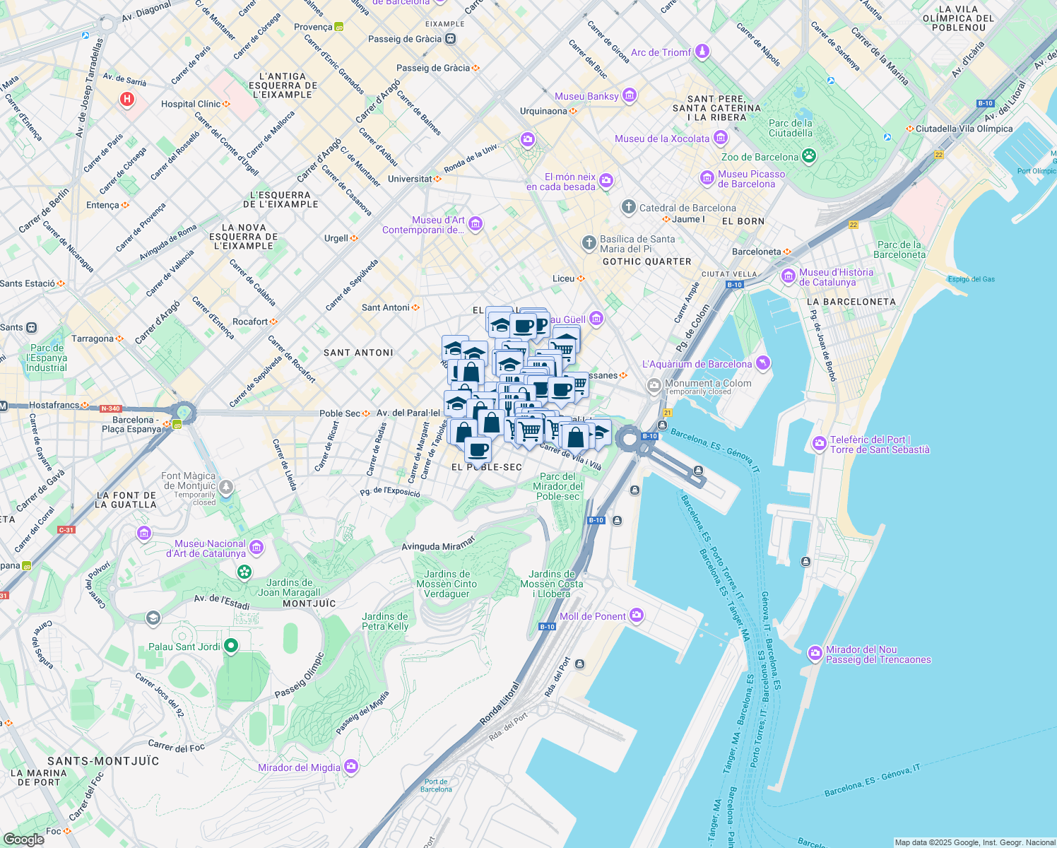 map of restaurants, bars, coffee shops, grocery stores, and more near 107 Carrer Nou de la Rambla in Barcelona