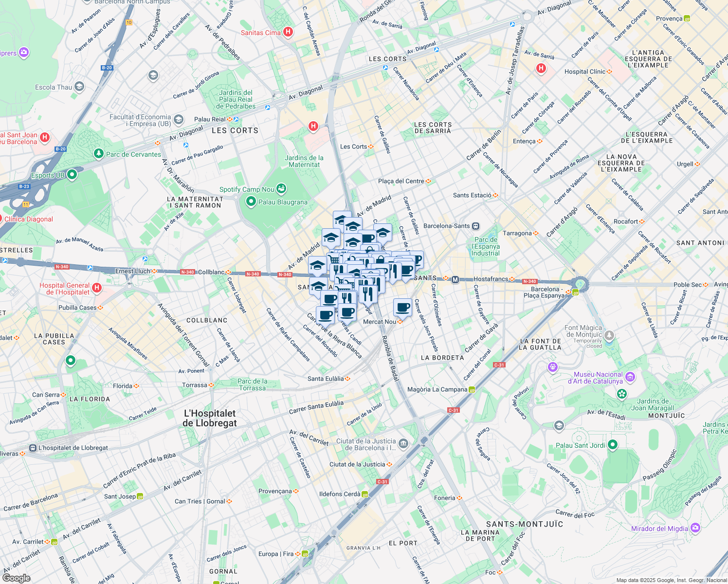 map of restaurants, bars, coffee shops, grocery stores, and more near 30 Carrer de Feliu Casanova in Barcelona