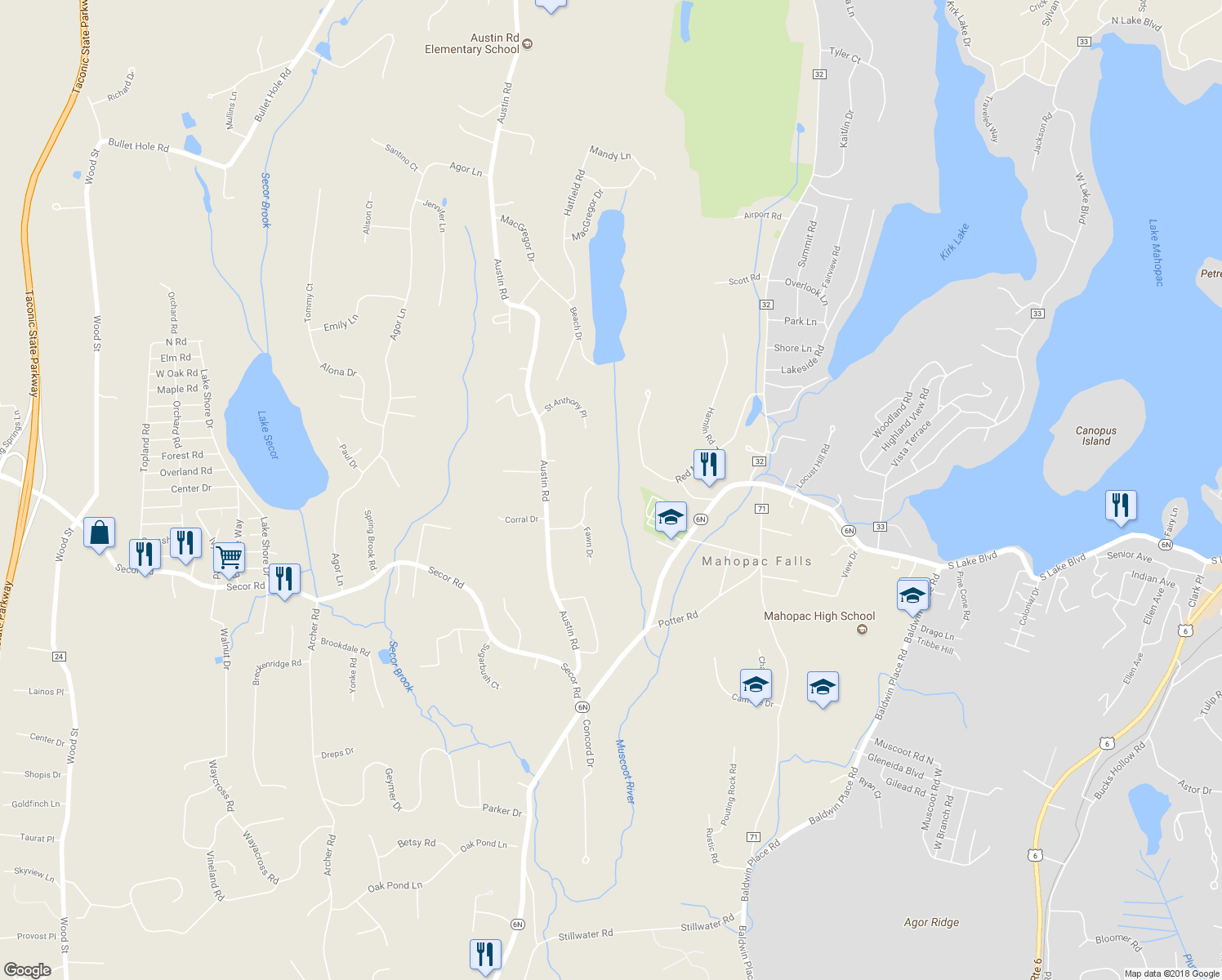 map of restaurants, bars, coffee shops, grocery stores, and more near 42 Deer Trail Drive in Mahopac
