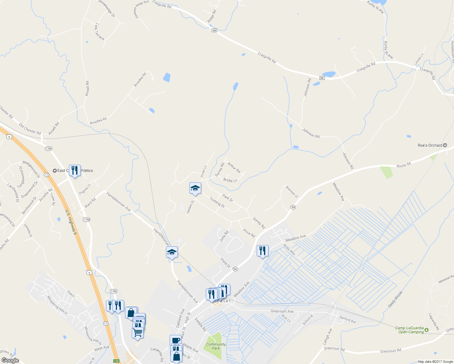 map of restaurants, bars, coffee shops, grocery stores, and more near 8 Bridle Lane in Chester