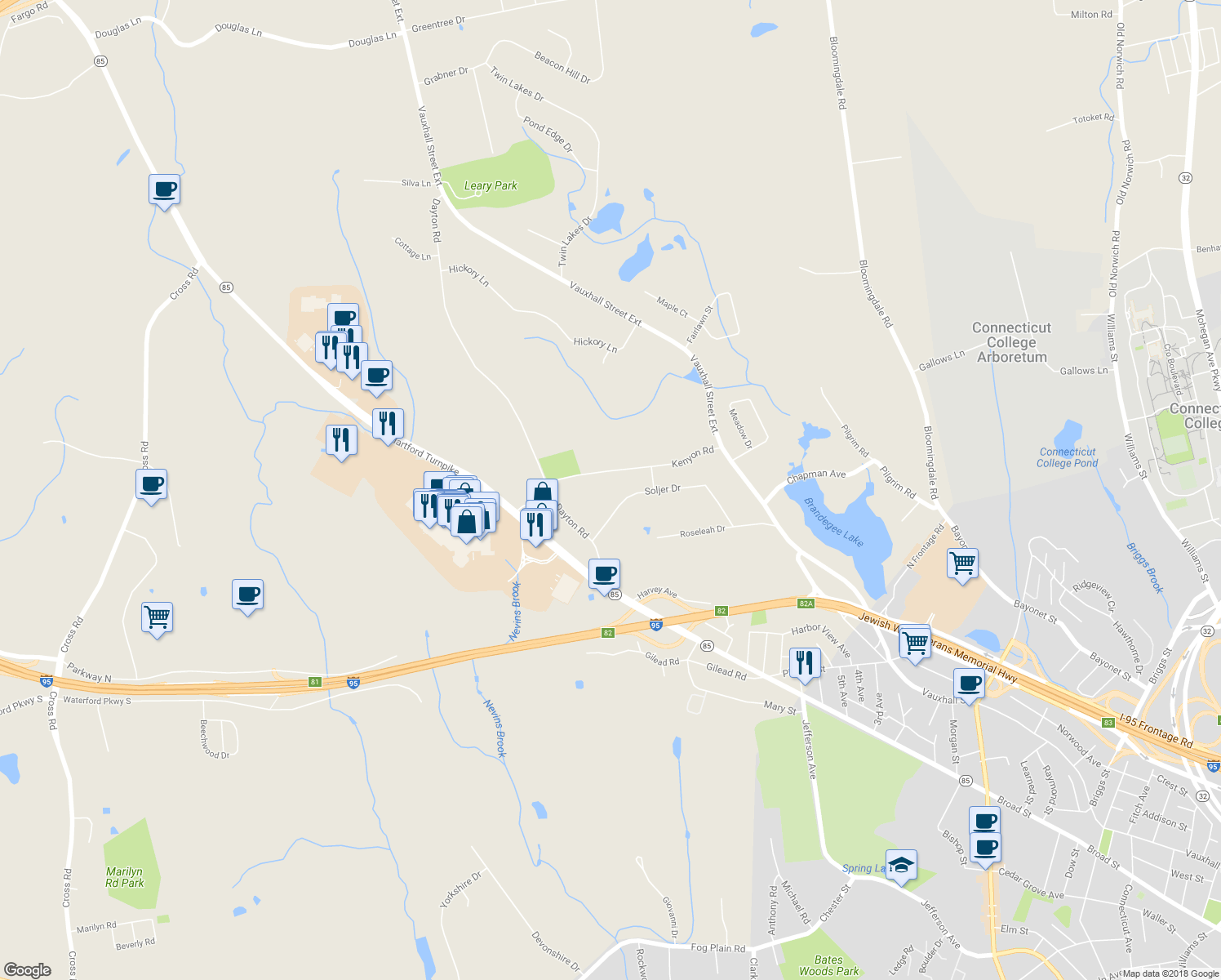 map of restaurants, bars, coffee shops, grocery stores, and more near 44 Kenyon Road in Waterford