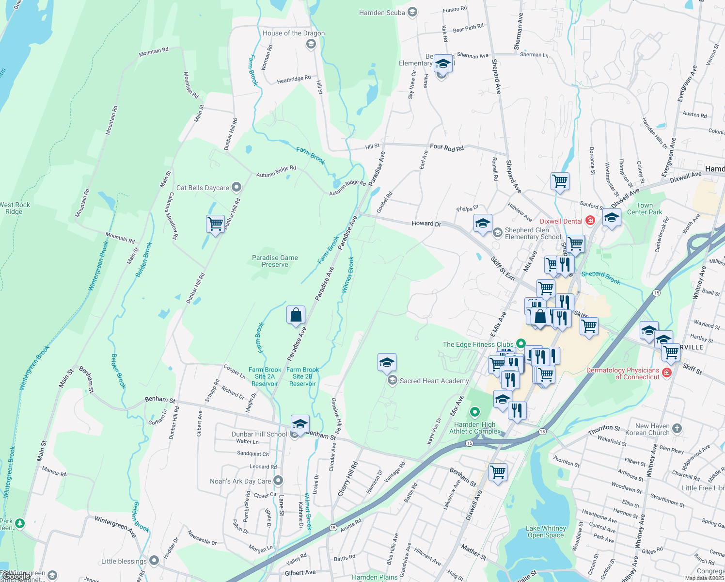 map of restaurants, bars, coffee shops, grocery stores, and more near in Hamden