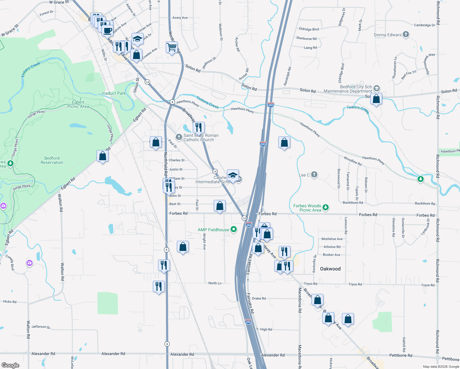 map of restaurants, bars, coffee shops, grocery stores, and more near 1372 Caryl Dr in Bedford
