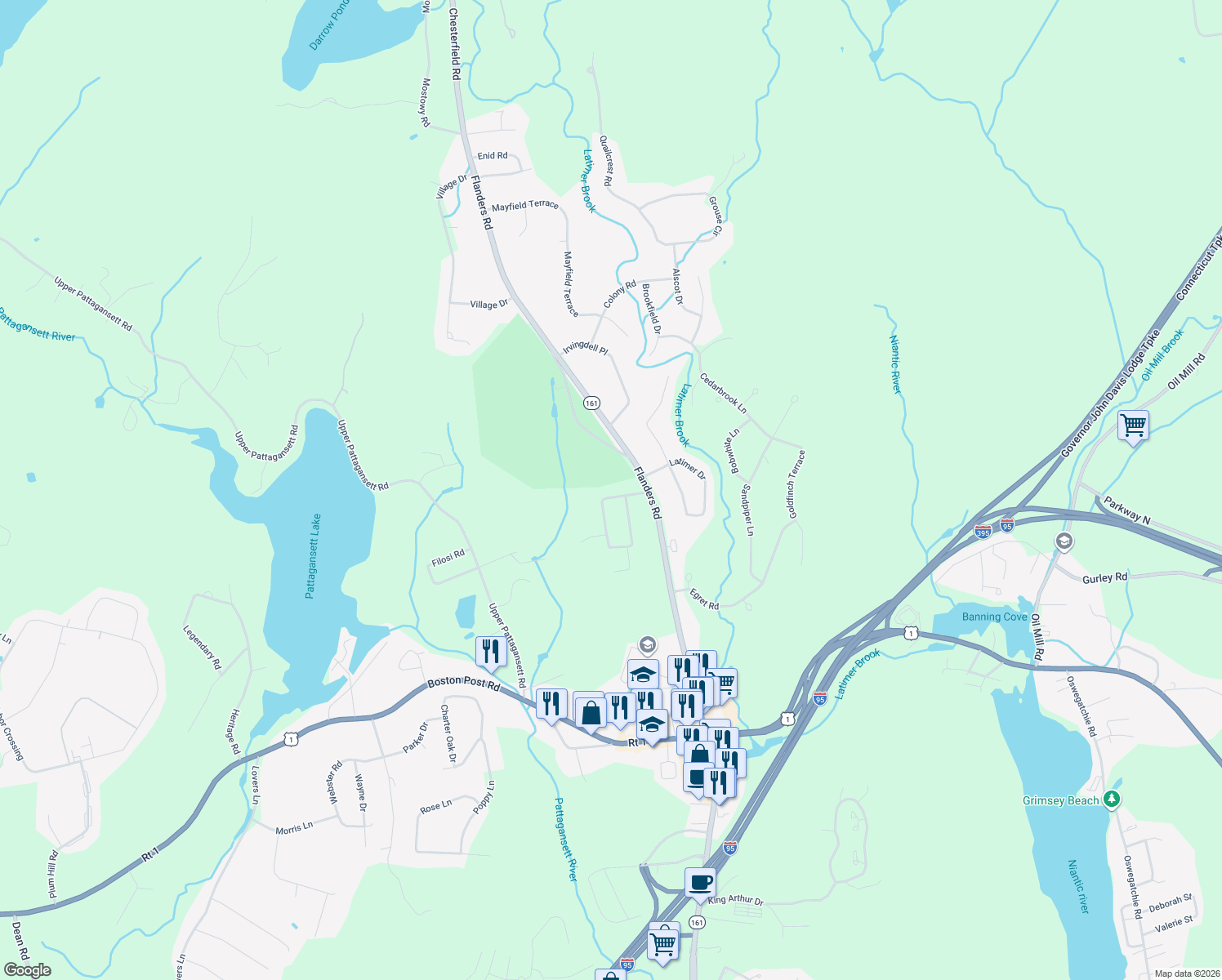 map of restaurants, bars, coffee shops, grocery stores, and more near 9 Monticello Dr in East Lyme