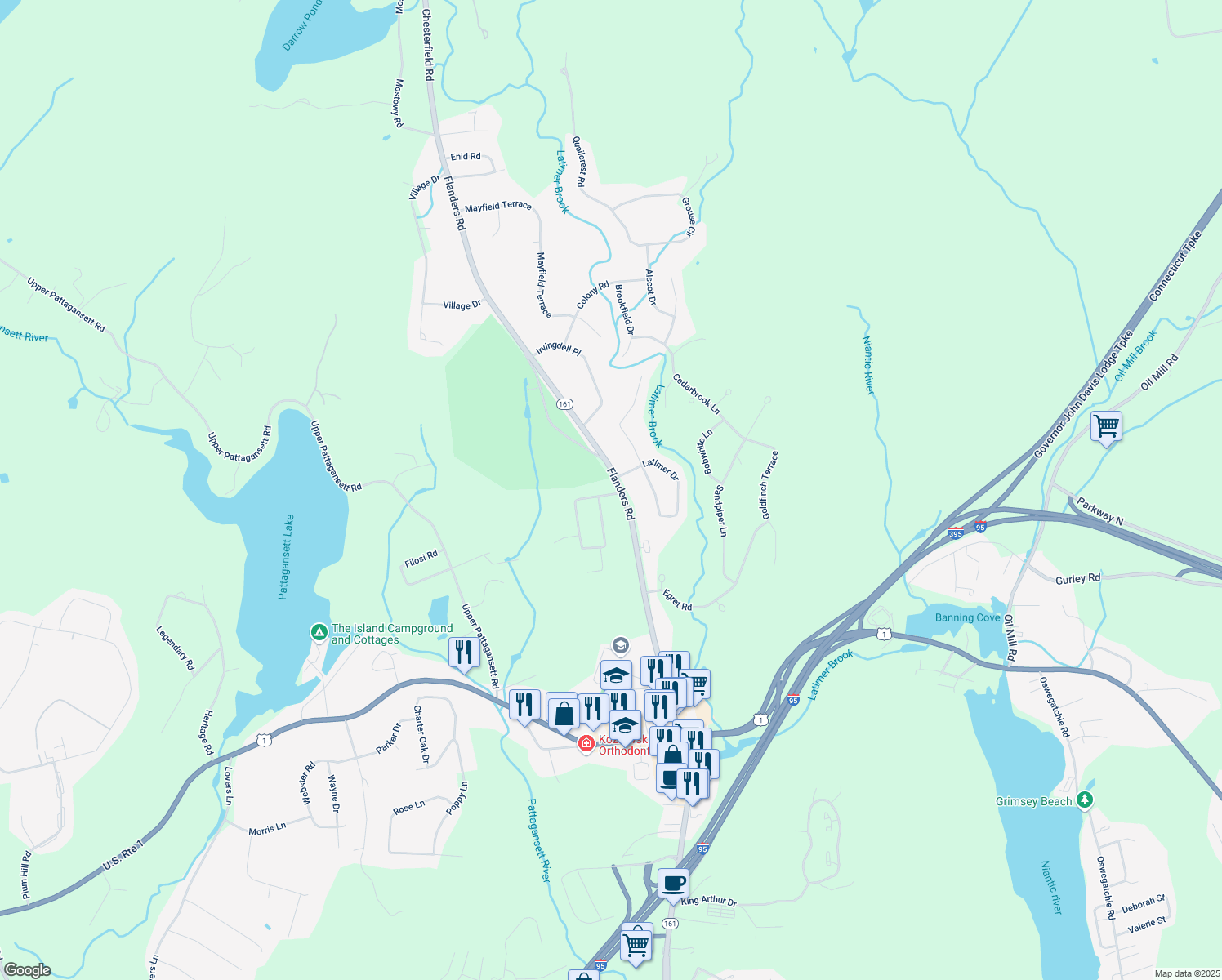 map of restaurants, bars, coffee shops, grocery stores, and more near 92 Chesterfield Road in East Lyme