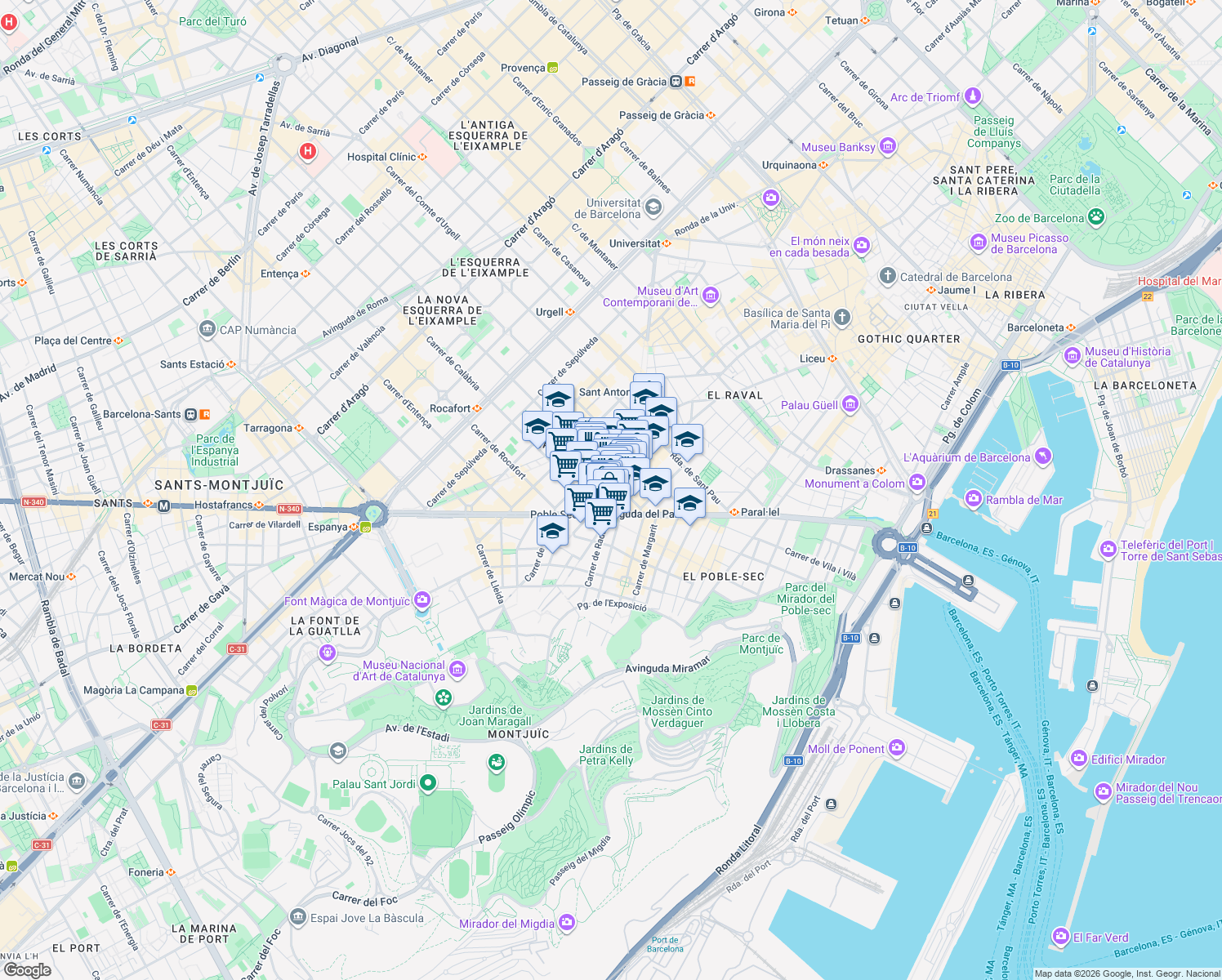 map of restaurants, bars, coffee shops, grocery stores, and more near 15 Carrer del Parlament in Barcelona