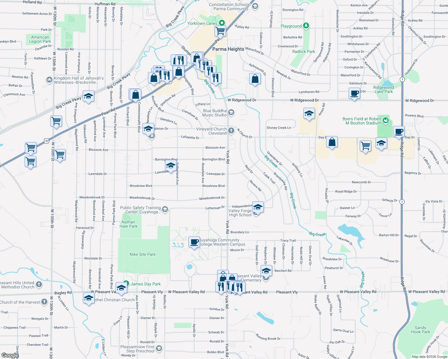 map of restaurants, bars, coffee shops, grocery stores, and more near 6908 York Rd in Parma Heights