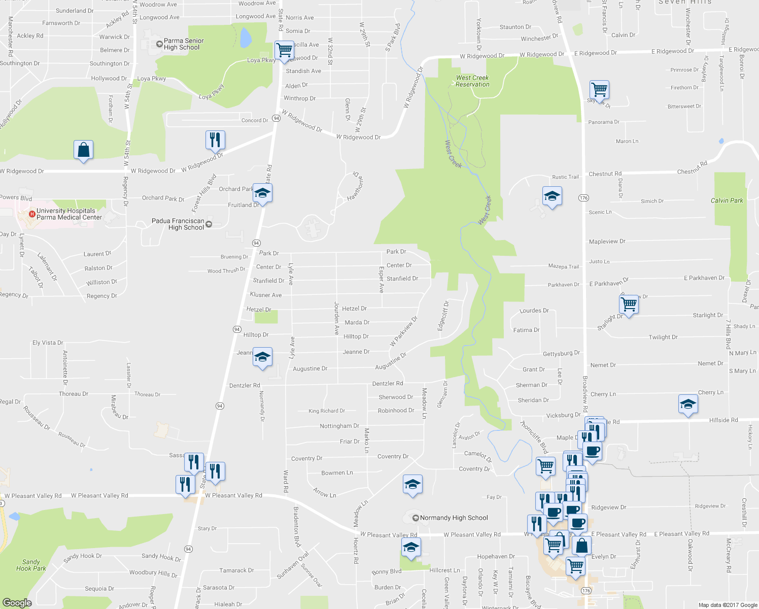 map of restaurants, bars, coffee shops, grocery stores, and more near 2830 Hetzel Drive in Parma
