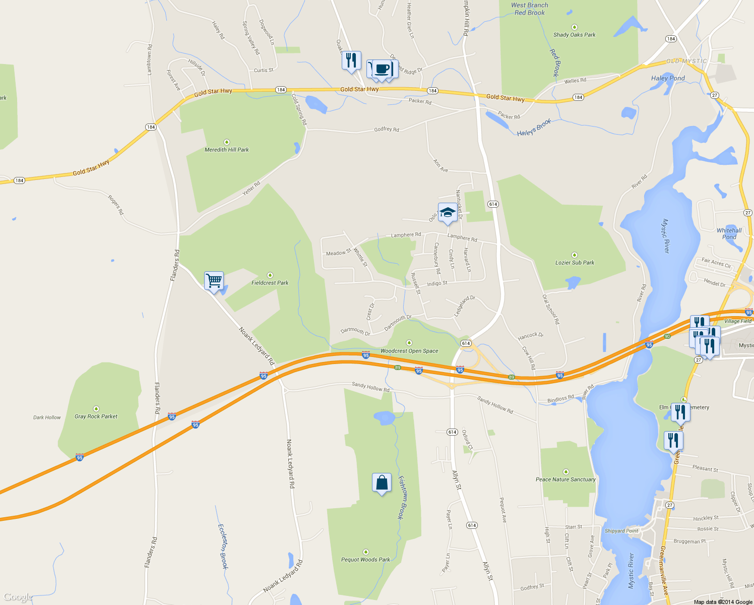 map of restaurants, bars, coffee shops, grocery stores, and more near 72 Crest Drive in Groton