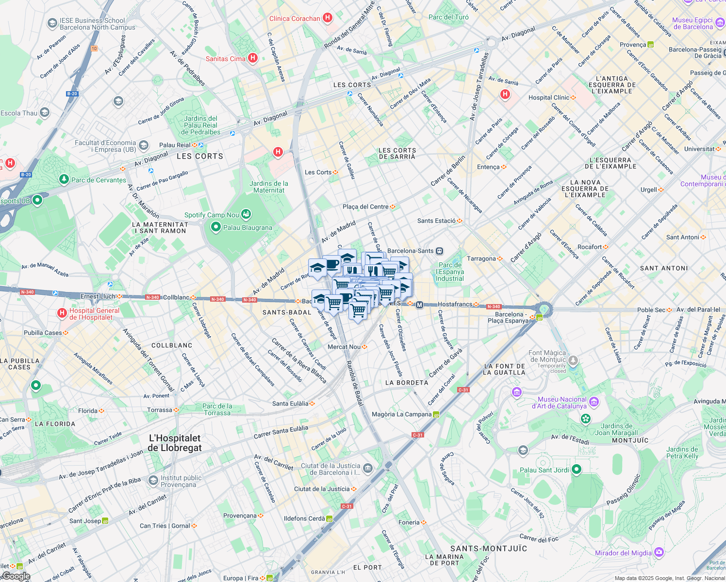 map of restaurants, bars, coffee shops, grocery stores, and more near 13 Carrer de Panissars in Barcelona