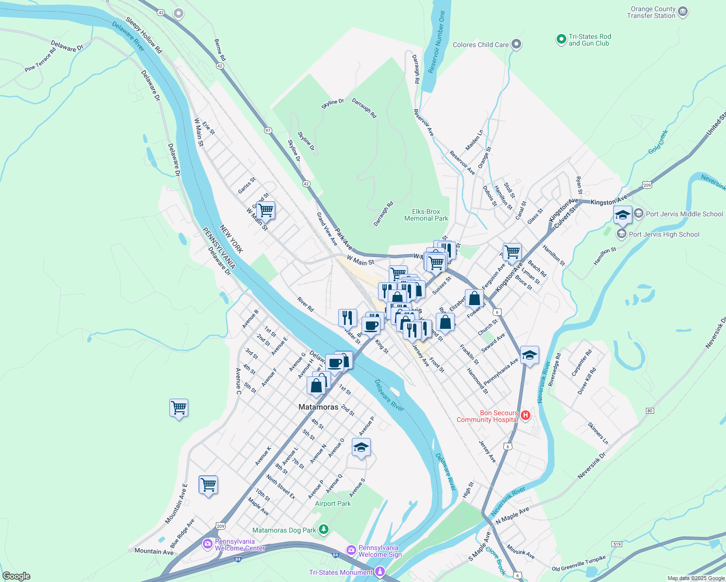 map of restaurants, bars, coffee shops, grocery stores, and more near 60 Pike Street in Port Jervis