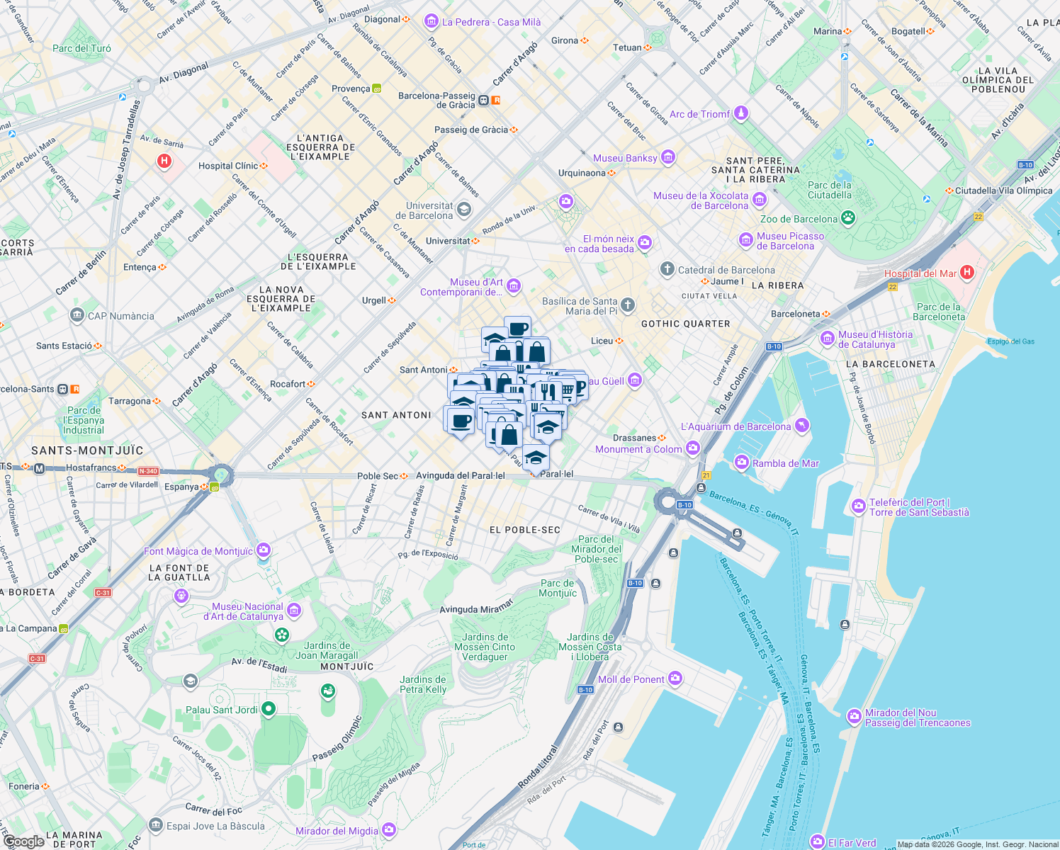 map of restaurants, bars, coffee shops, grocery stores, and more near 43 Carrer de les Carretes in Barcelona