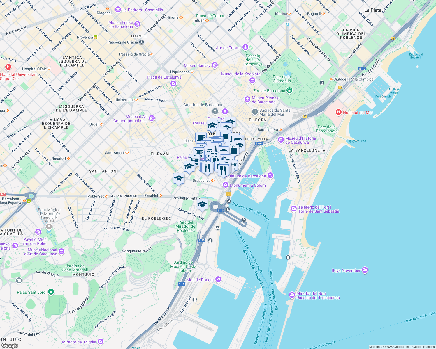 map of restaurants, bars, coffee shops, grocery stores, and more near 8 La Rambla in Barcelona
