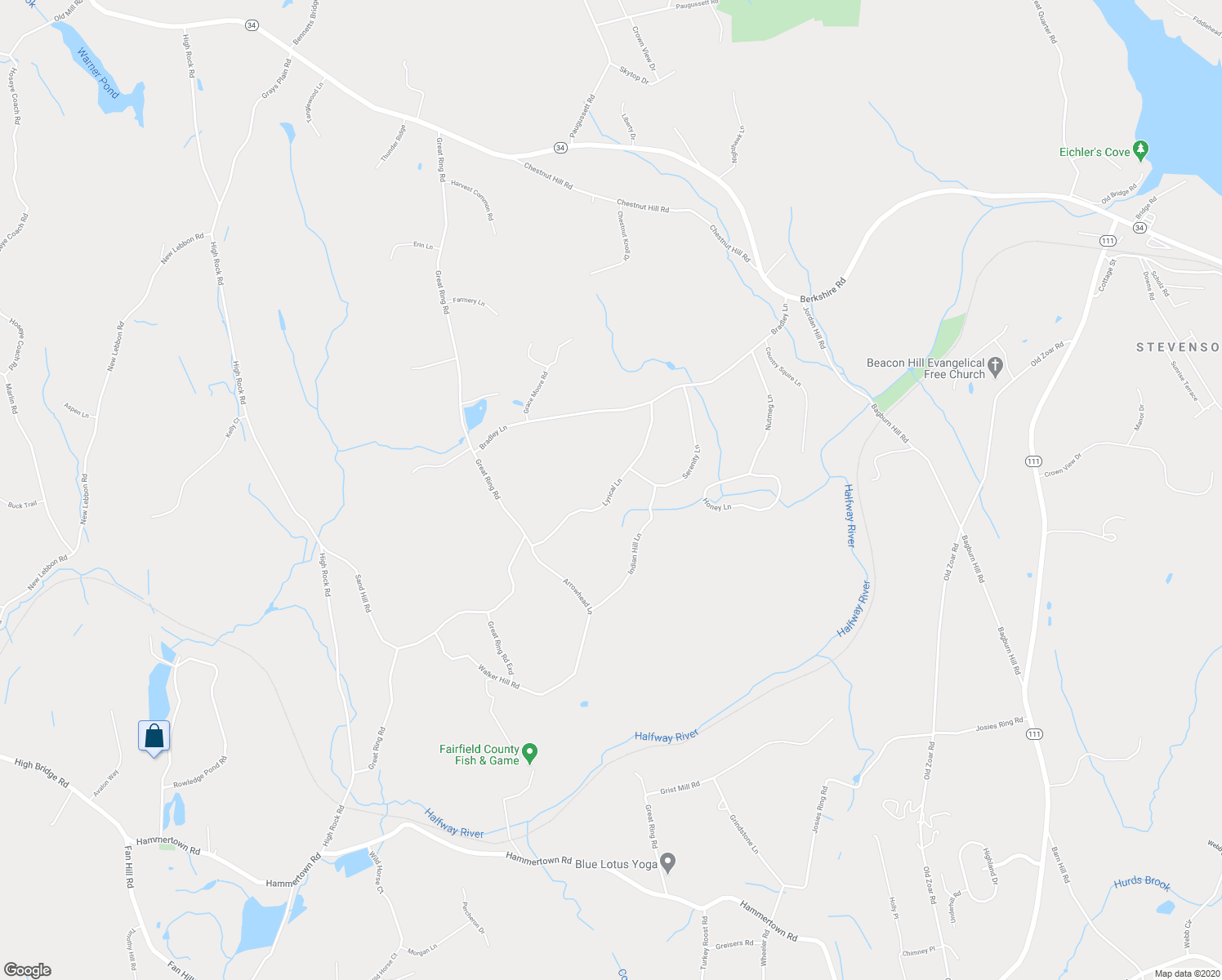 map of restaurants, bars, coffee shops, grocery stores, and more near 15 Lyrical Lane in Newtown