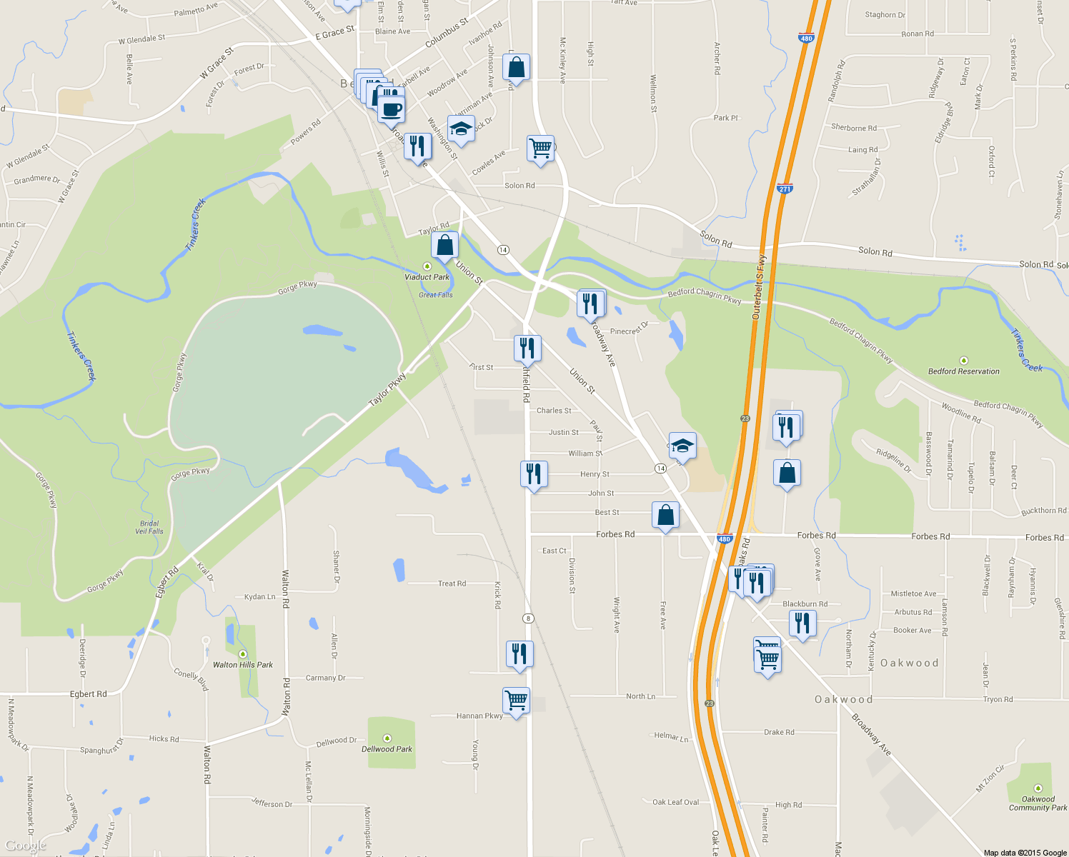 map of restaurants, bars, coffee shops, grocery stores, and more near 125 Northfield Road in Bedford Heights
