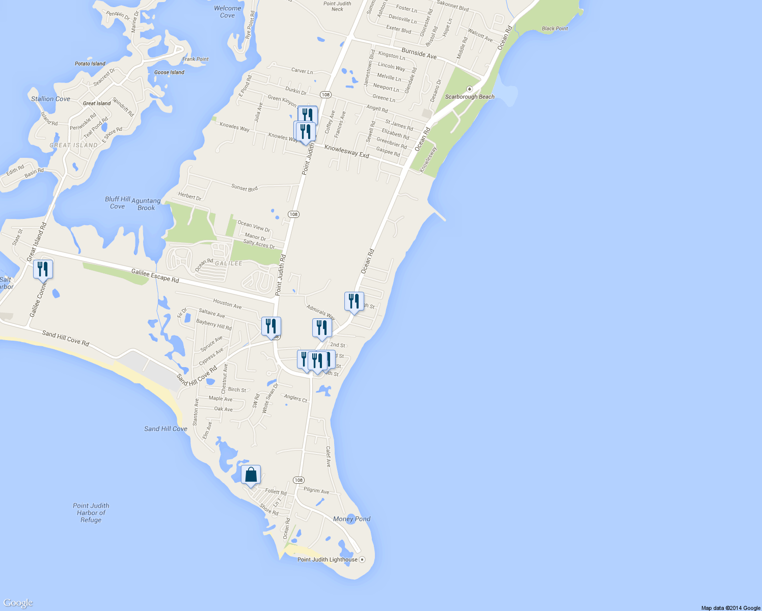 map of restaurants, bars, coffee shops, grocery stores, and more near 4 Glenwood Ave in Narragansett