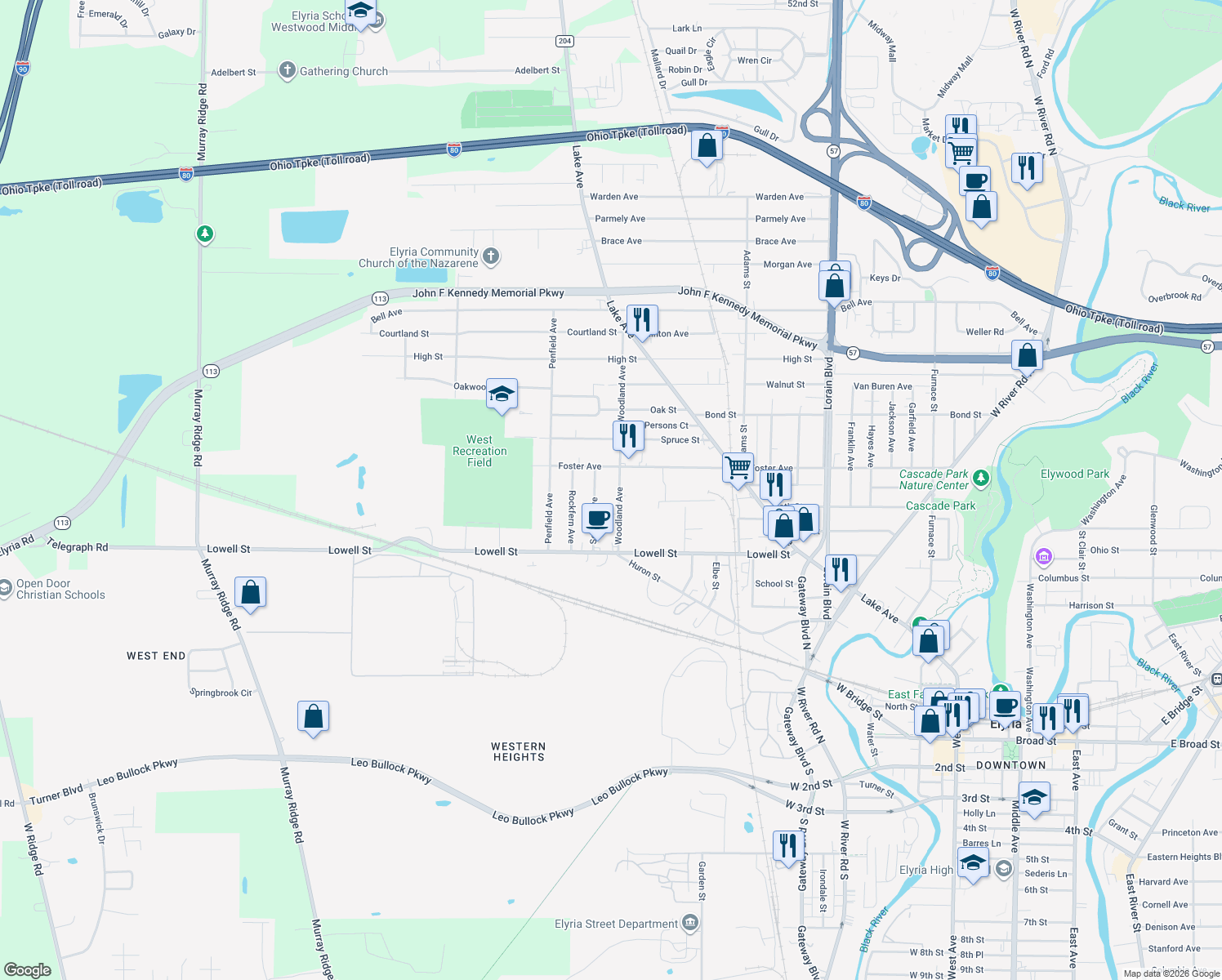 map of restaurants, bars, coffee shops, grocery stores, and more near 376 Woodland Ave in Elyria