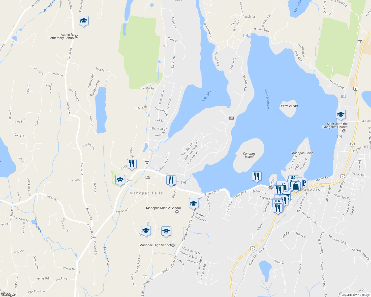 map of restaurants, bars, coffee shops, grocery stores, and more near 45 Woodland Road in Mahopac