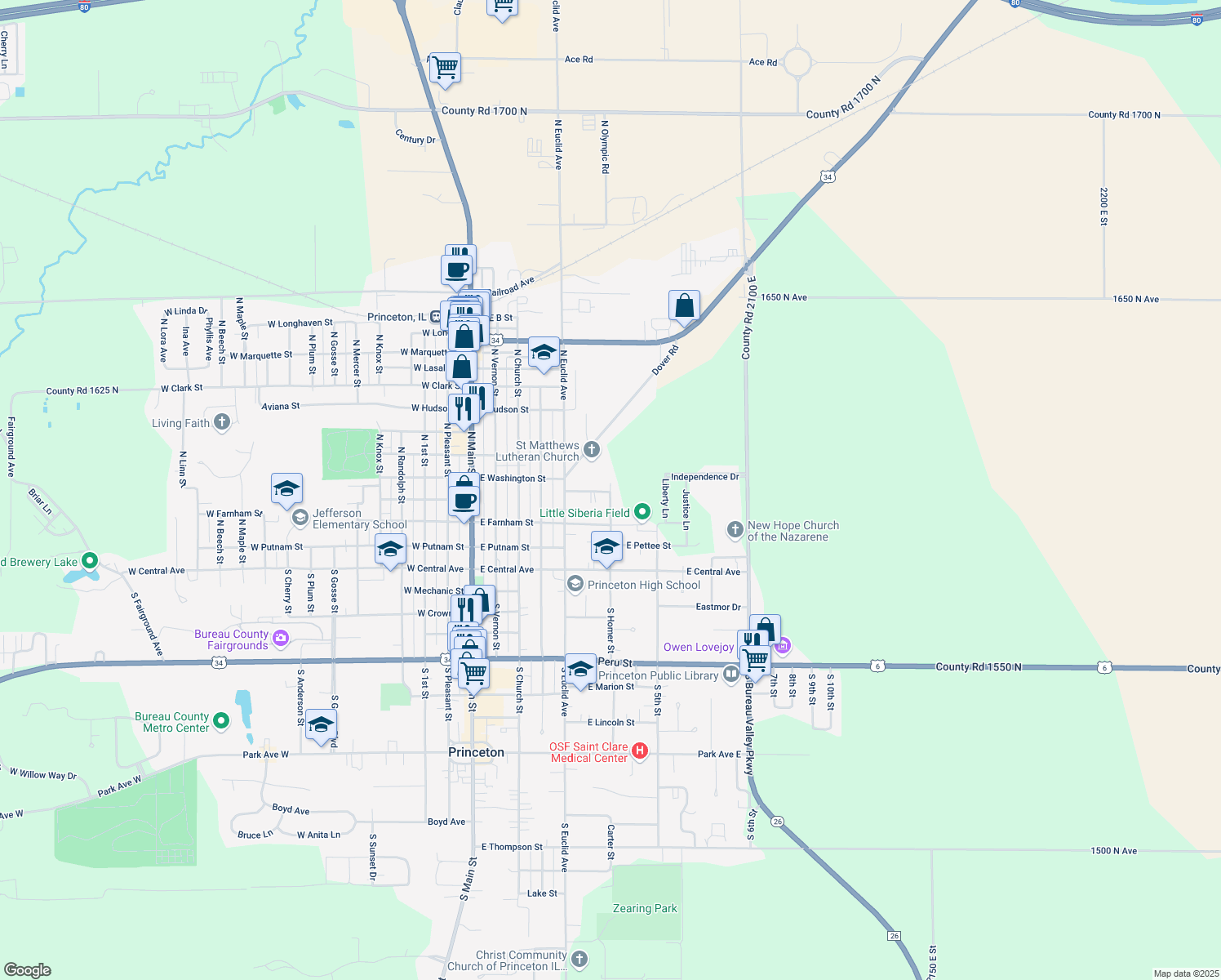 map of restaurants, bars, coffee shops, grocery stores, and more near 303 North Homer Street in Princeton