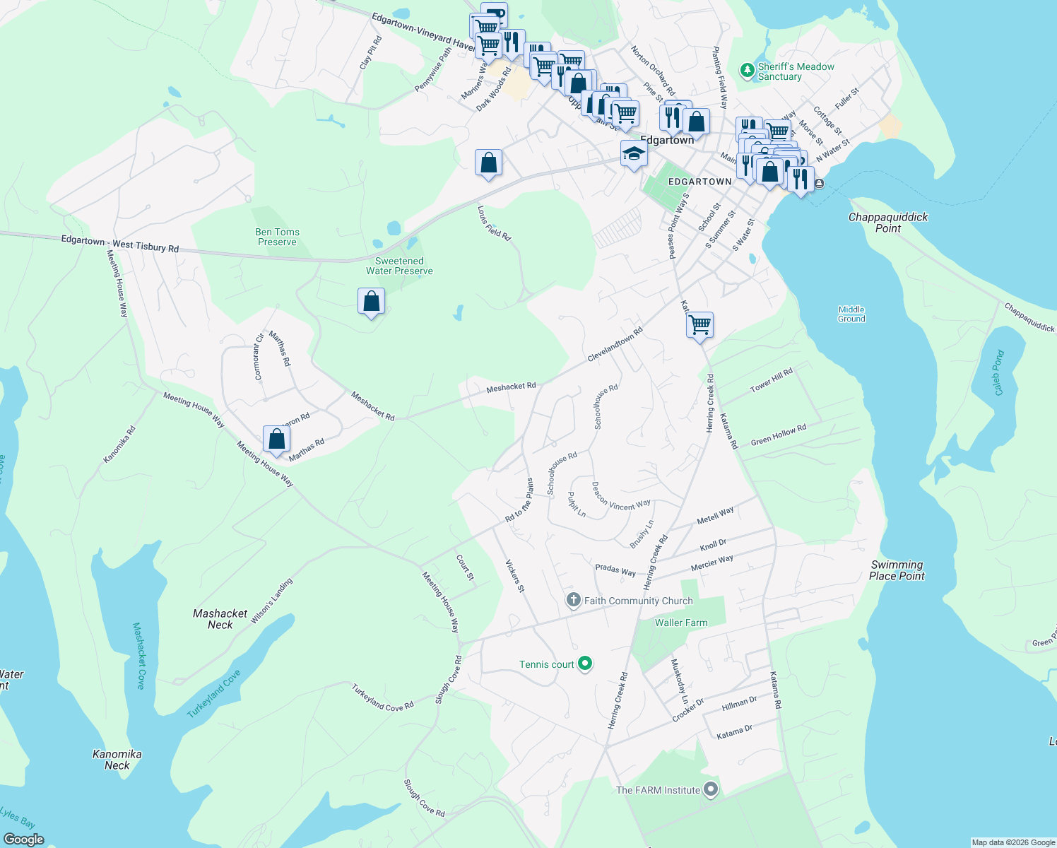 map of restaurants, bars, coffee shops, grocery stores, and more near 9 Road to the Plains in Edgartown