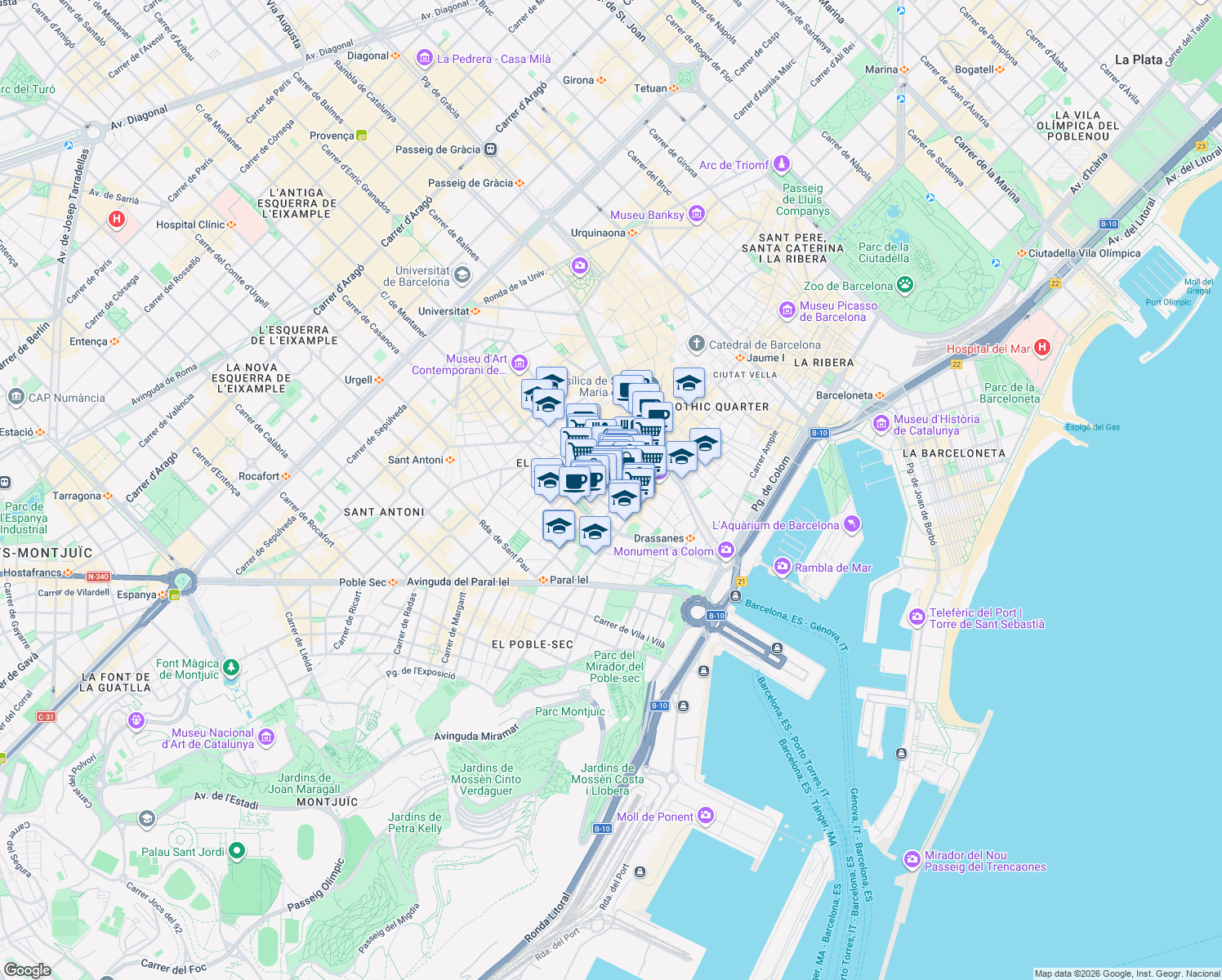 map of restaurants, bars, coffee shops, grocery stores, and more near 53 Carrer de Sant Pau in Barcelona