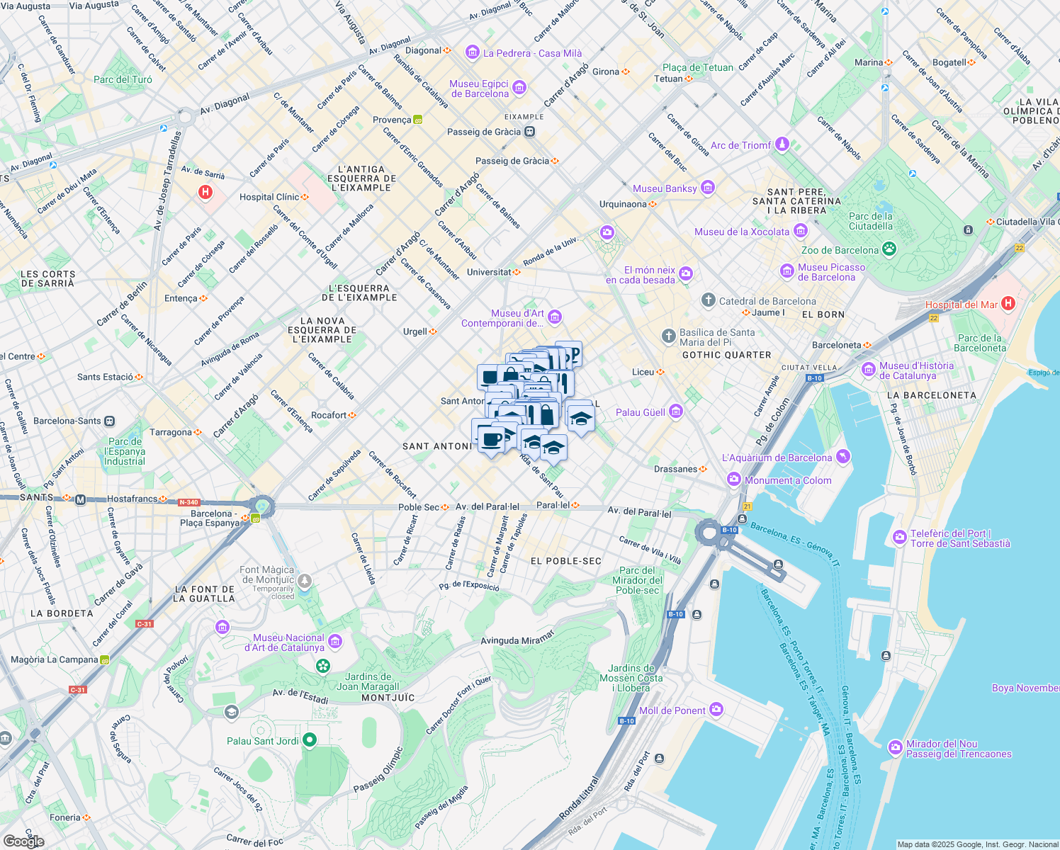 map of restaurants, bars, coffee shops, grocery stores, and more near Carrer d'En Sant Climent in Barcelona
