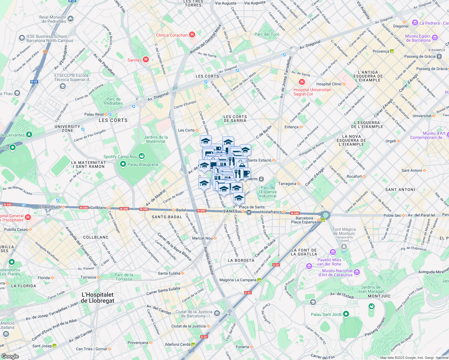 map of restaurants, bars, coffee shops, grocery stores, and more near 111 Carrer de Galileu in Barcelona