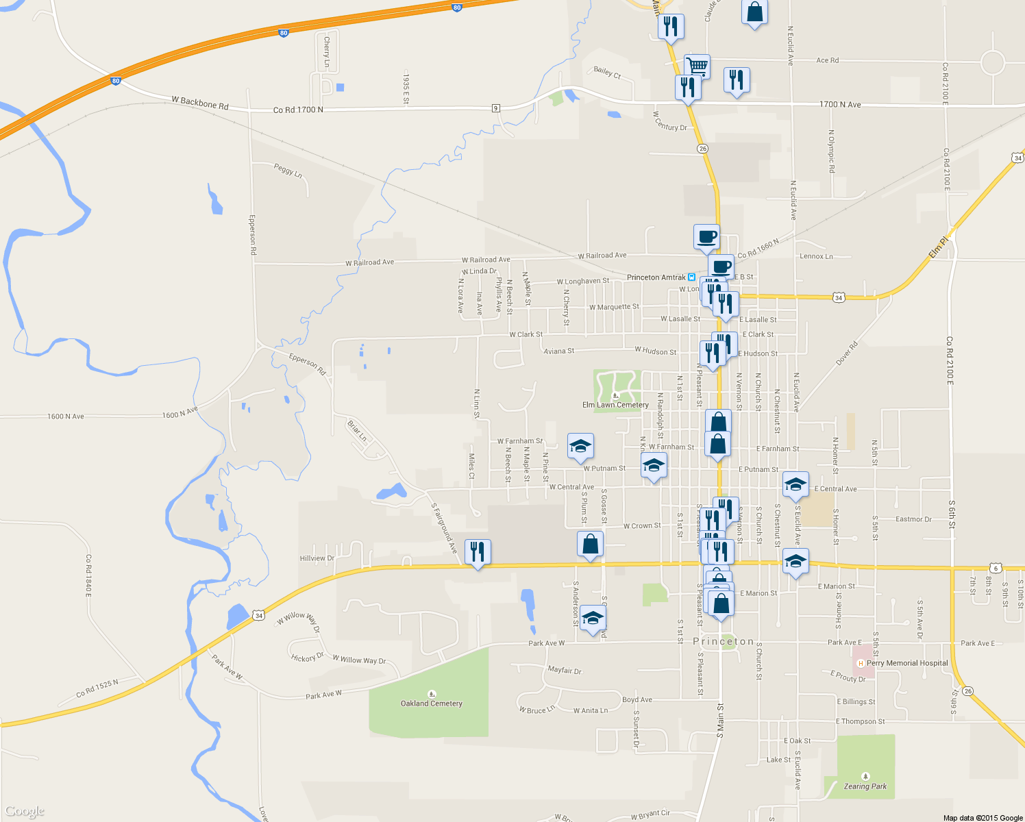 map of restaurants, bars, coffee shops, grocery stores, and more near Autumn Ridge Court in Princeton