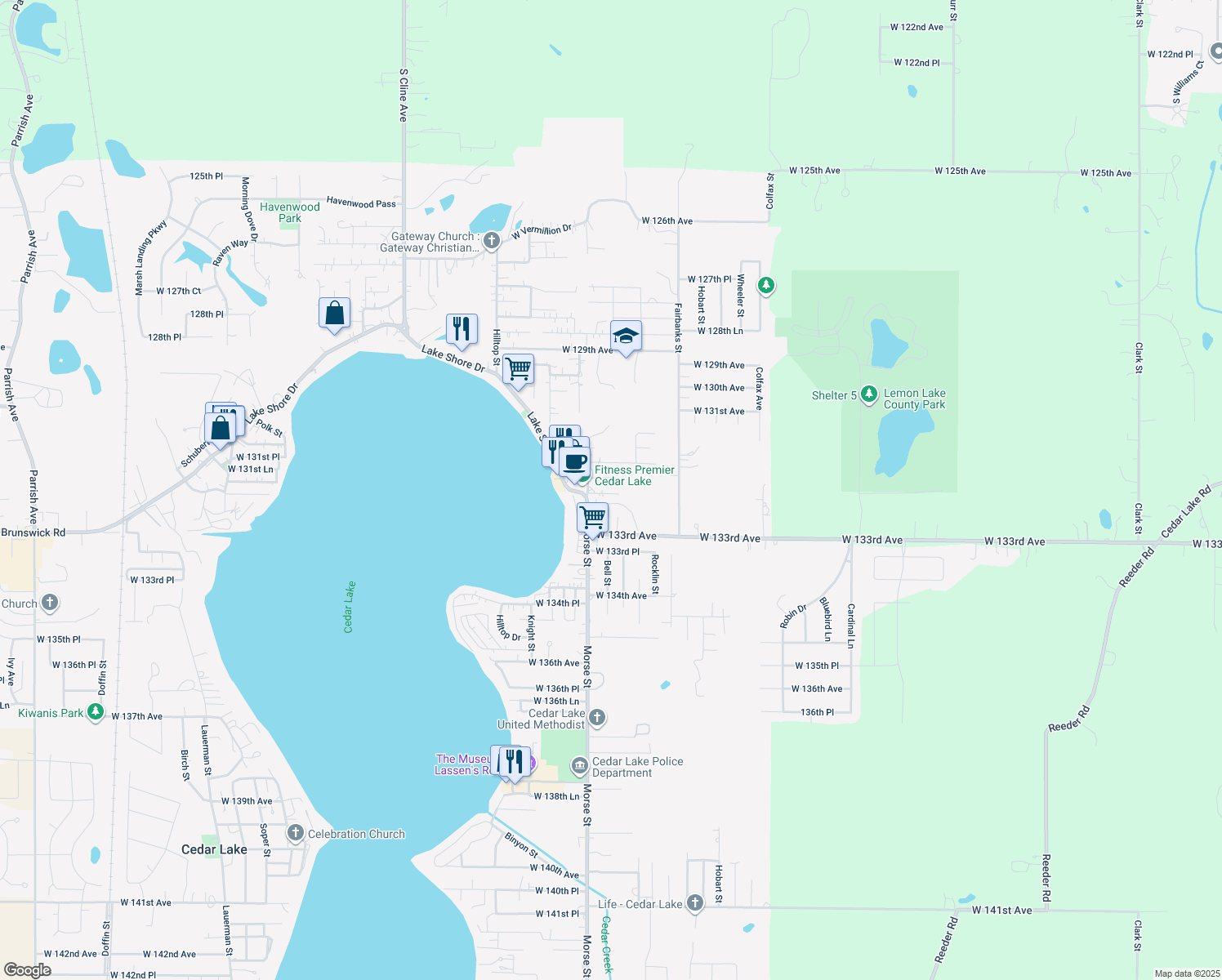 map of restaurants, bars, coffee shops, grocery stores, and more near 7104 West 132nd Place in Cedar Lake