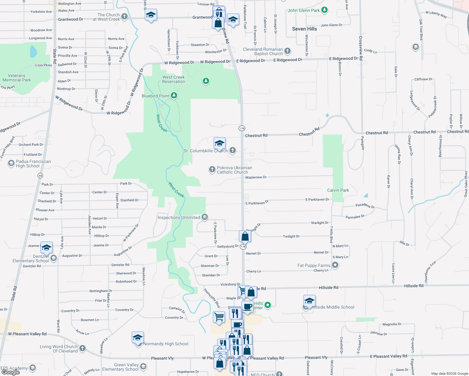 map of restaurants, bars, coffee shops, grocery stores, and more near 6852 Broadview Road in Parma
