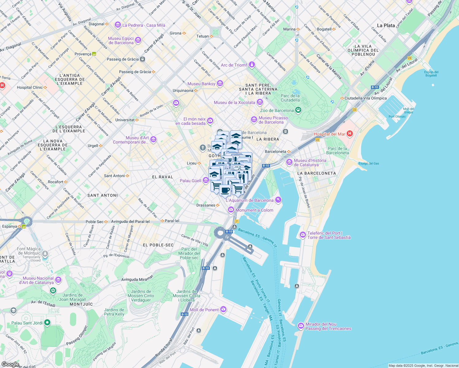 map of restaurants, bars, coffee shops, grocery stores, and more near 17 Carrer Nou de Sant Francesc in Barcelona