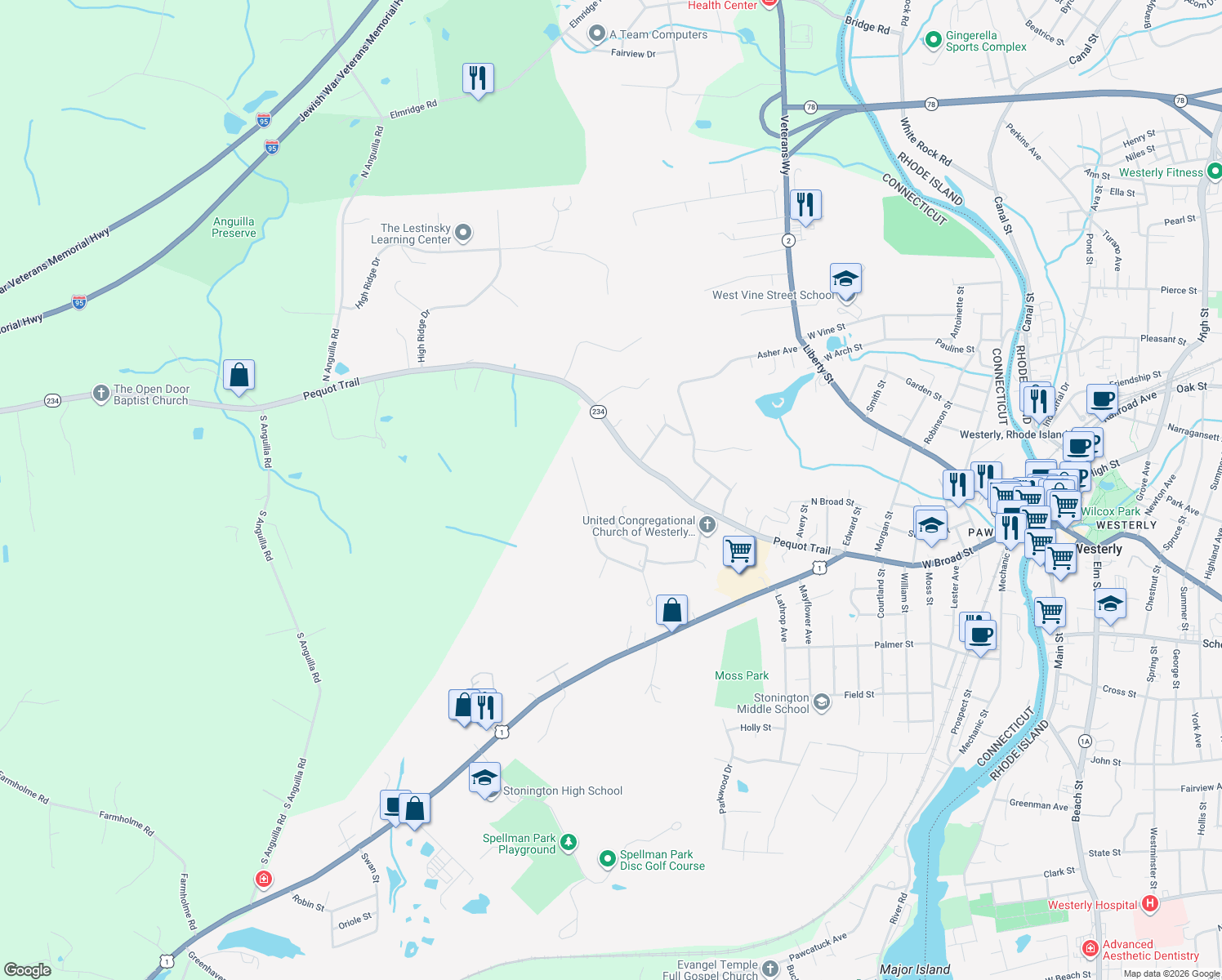 map of restaurants, bars, coffee shops, grocery stores, and more near 126 Castle Hill Road in Stonington