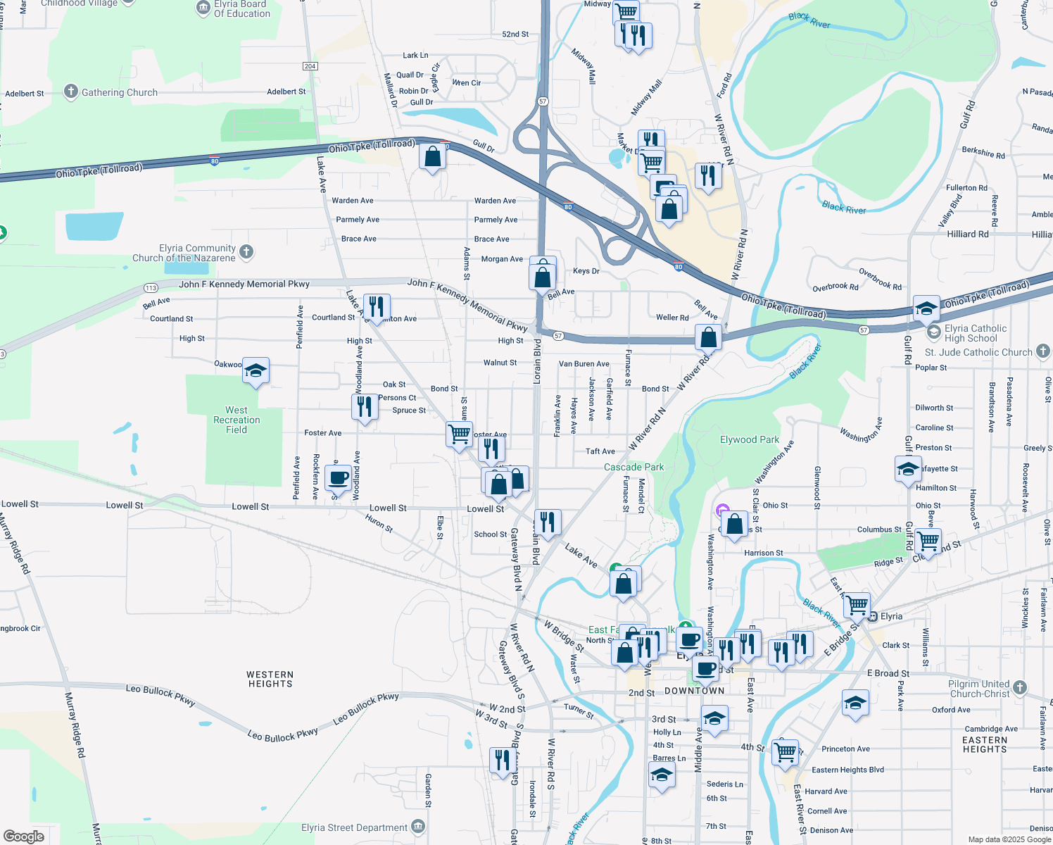 map of restaurants, bars, coffee shops, grocery stores, and more near 412 Lorain Blvd in Elyria