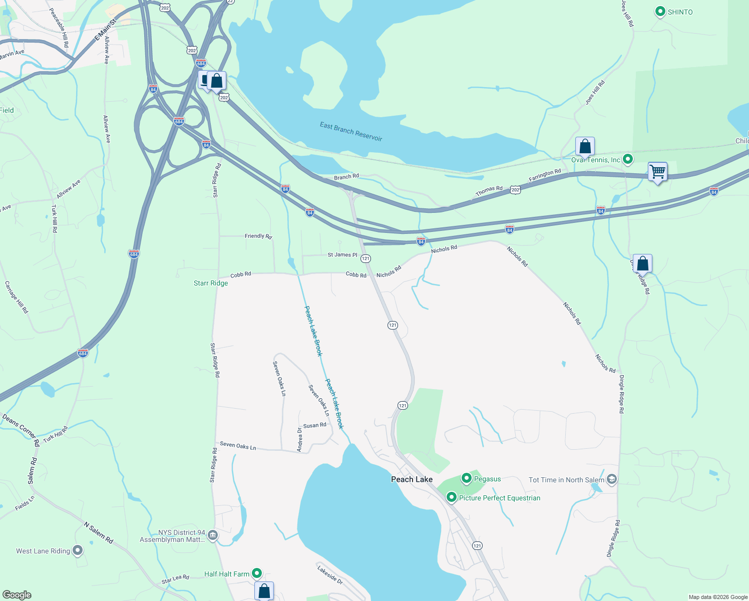 map of restaurants, bars, coffee shops, grocery stores, and more near 99 Peach Lake Road in Brewster