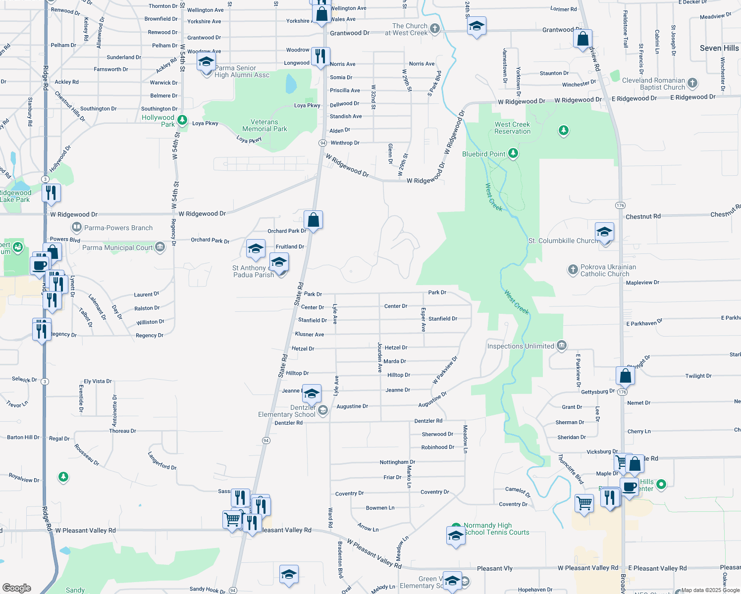 map of restaurants, bars, coffee shops, grocery stores, and more near 3219 Park Drive in Parma