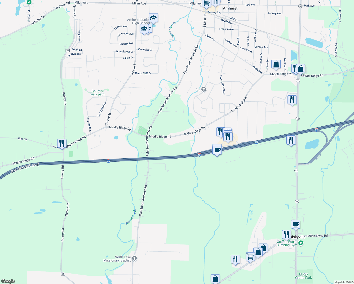 map of restaurants, bars, coffee shops, grocery stores, and more near 47225 Middle Ridge Road in Amherst