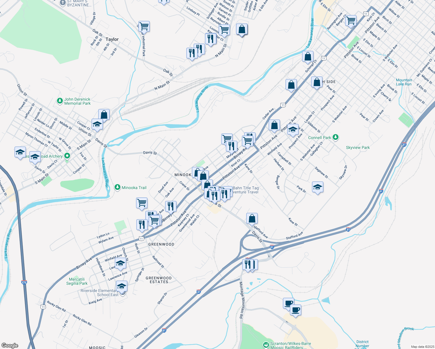 map of restaurants, bars, coffee shops, grocery stores, and more near 2907 Birney Avenue in Scranton