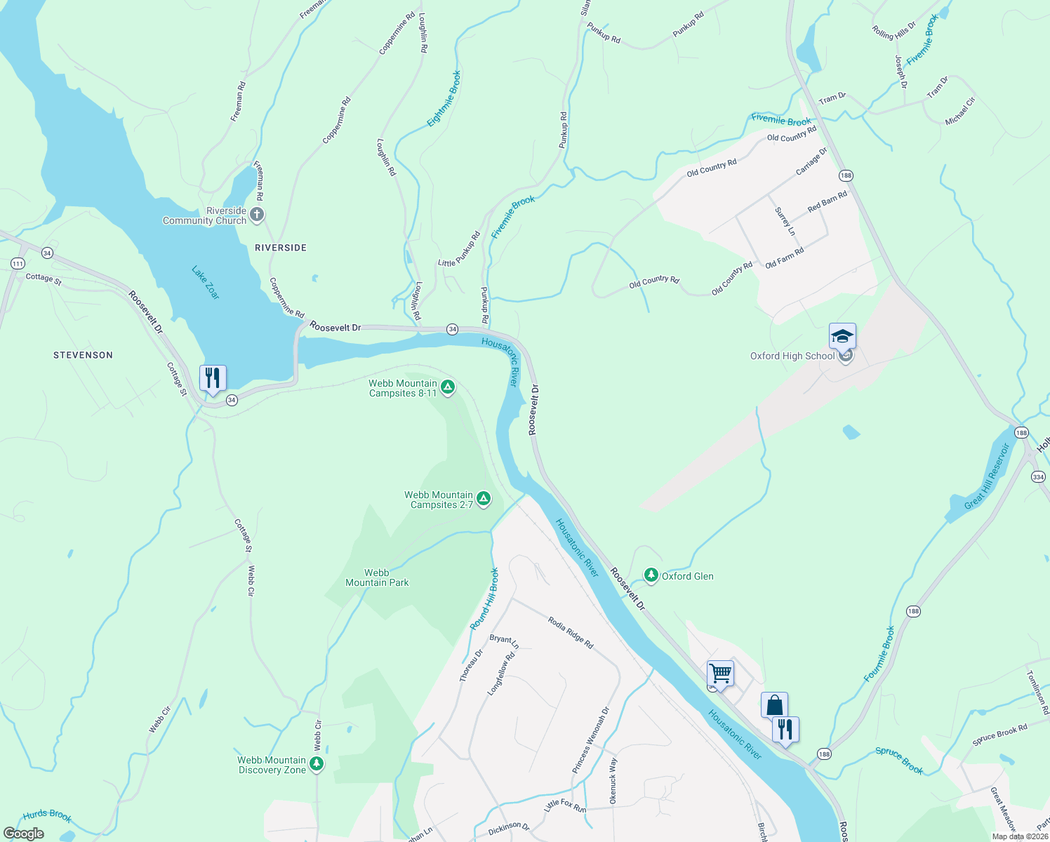 map of restaurants, bars, coffee shops, grocery stores, and more near 575 Roosevelt Drive in Oxford