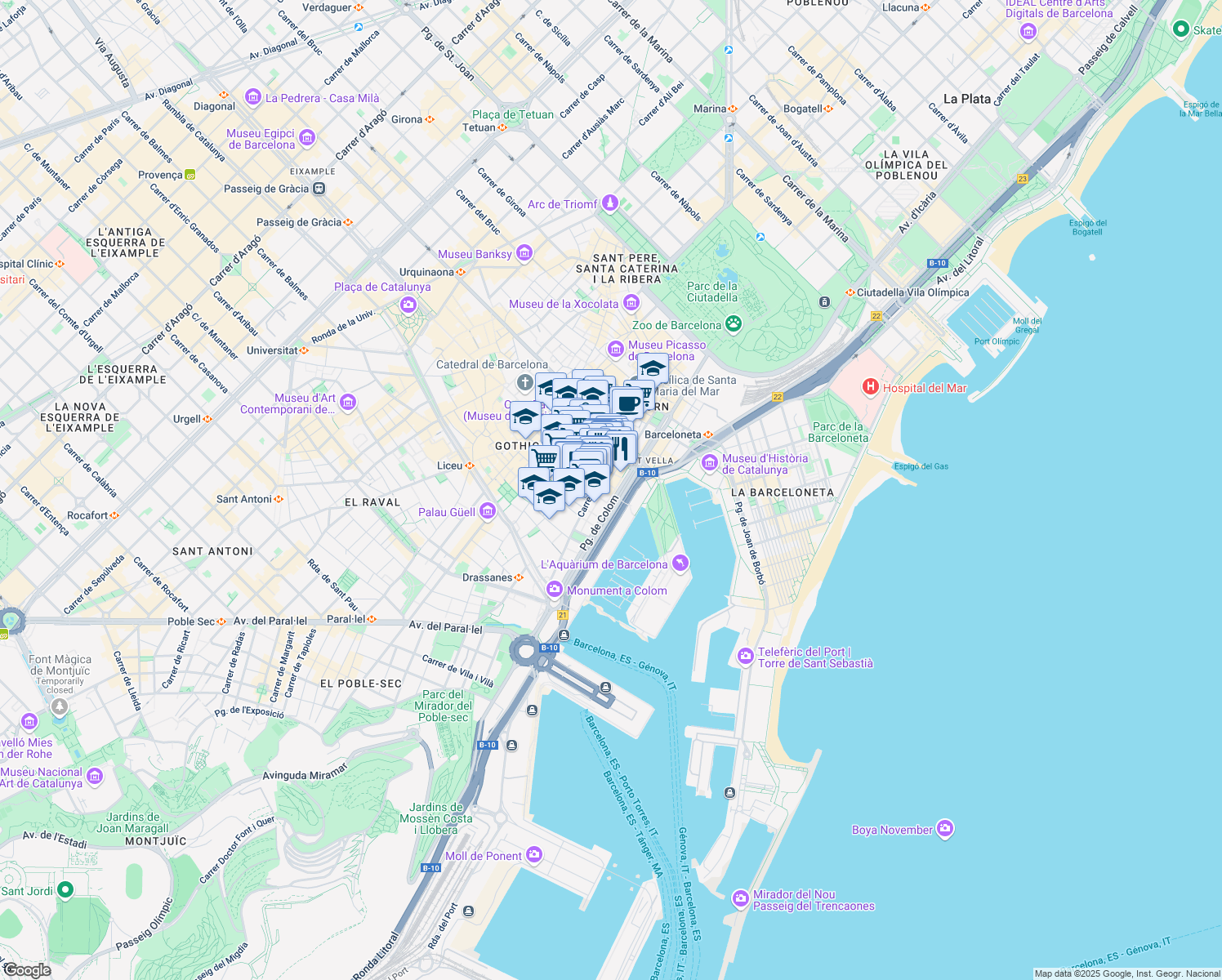 map of restaurants, bars, coffee shops, grocery stores, and more near 9 Passeig de Colom in Barcelona