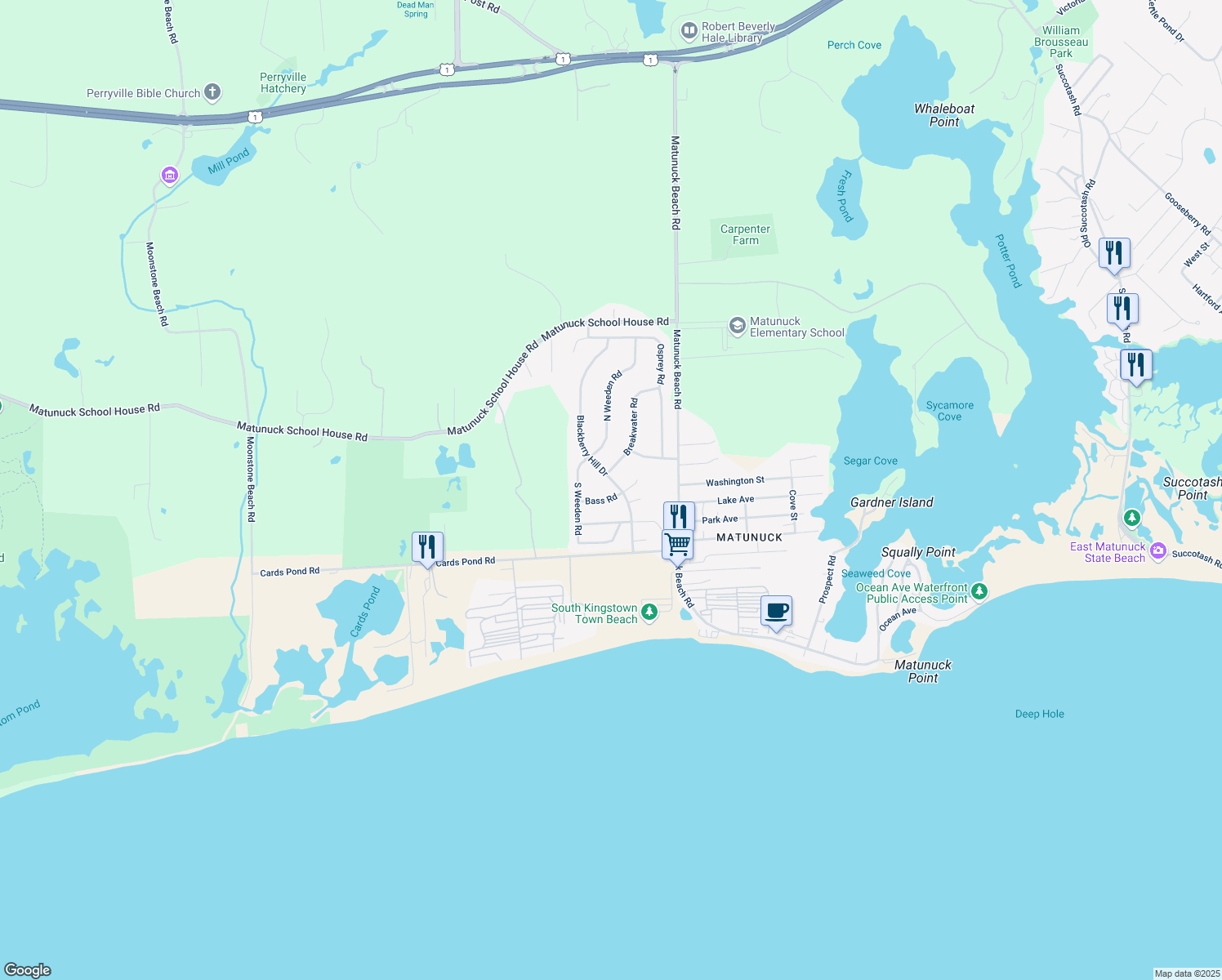 map of restaurants, bars, coffee shops, grocery stores, and more near 100 Blackberry Hill Dr in South Kingstown